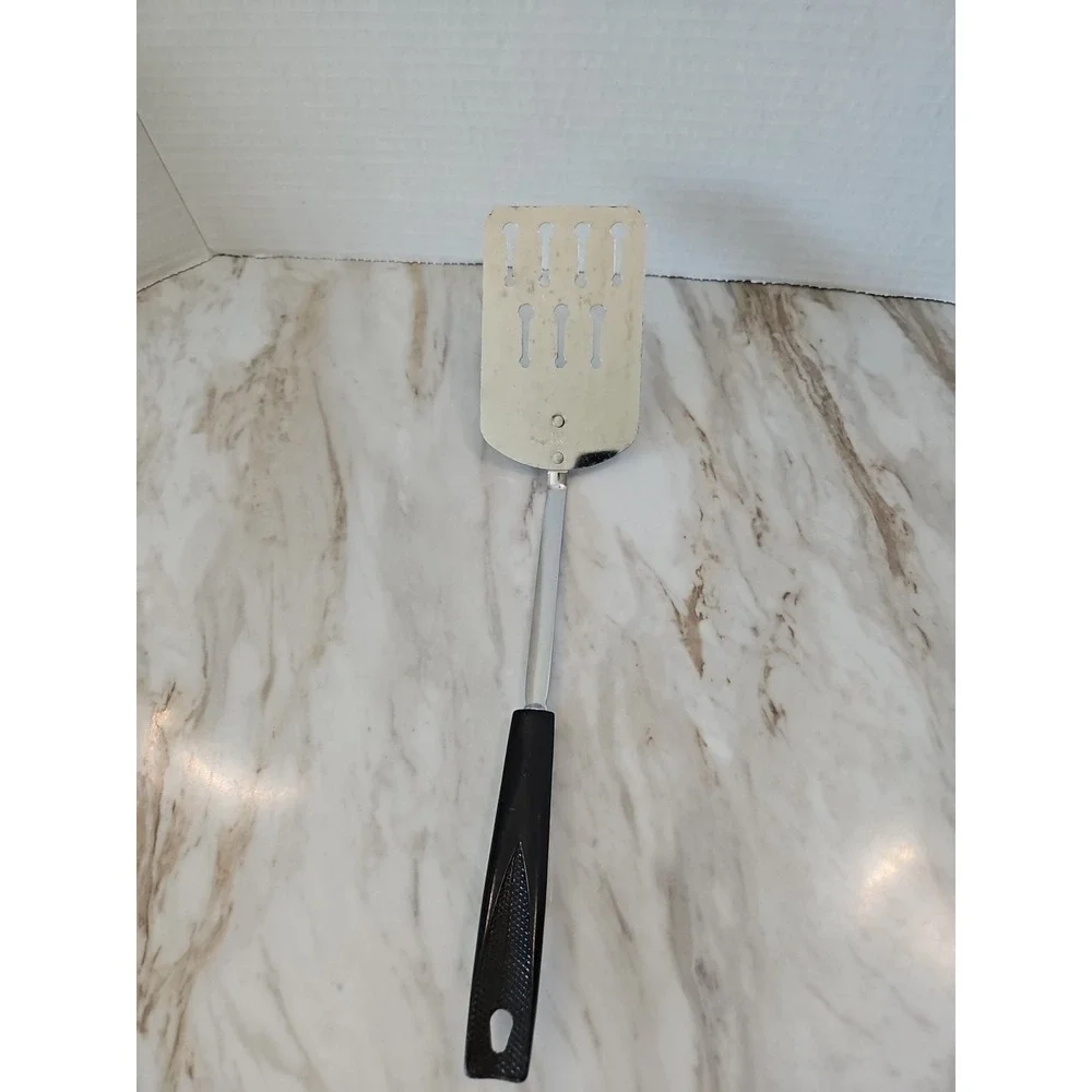 Vintage Ekco Black Short Handled Metal Slotted Spatula Flipper Made In USA